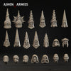 a collection of sixteen distinct fantasy-themed helmets or headpieces, each with unique designs and features, arranged in a grid-like pattern against a dark background.