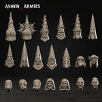 a collection of sixteen distinct fantasy-themed helmets or headpieces, each with unique designs and features, arranged in a grid-like pattern against a dark background.