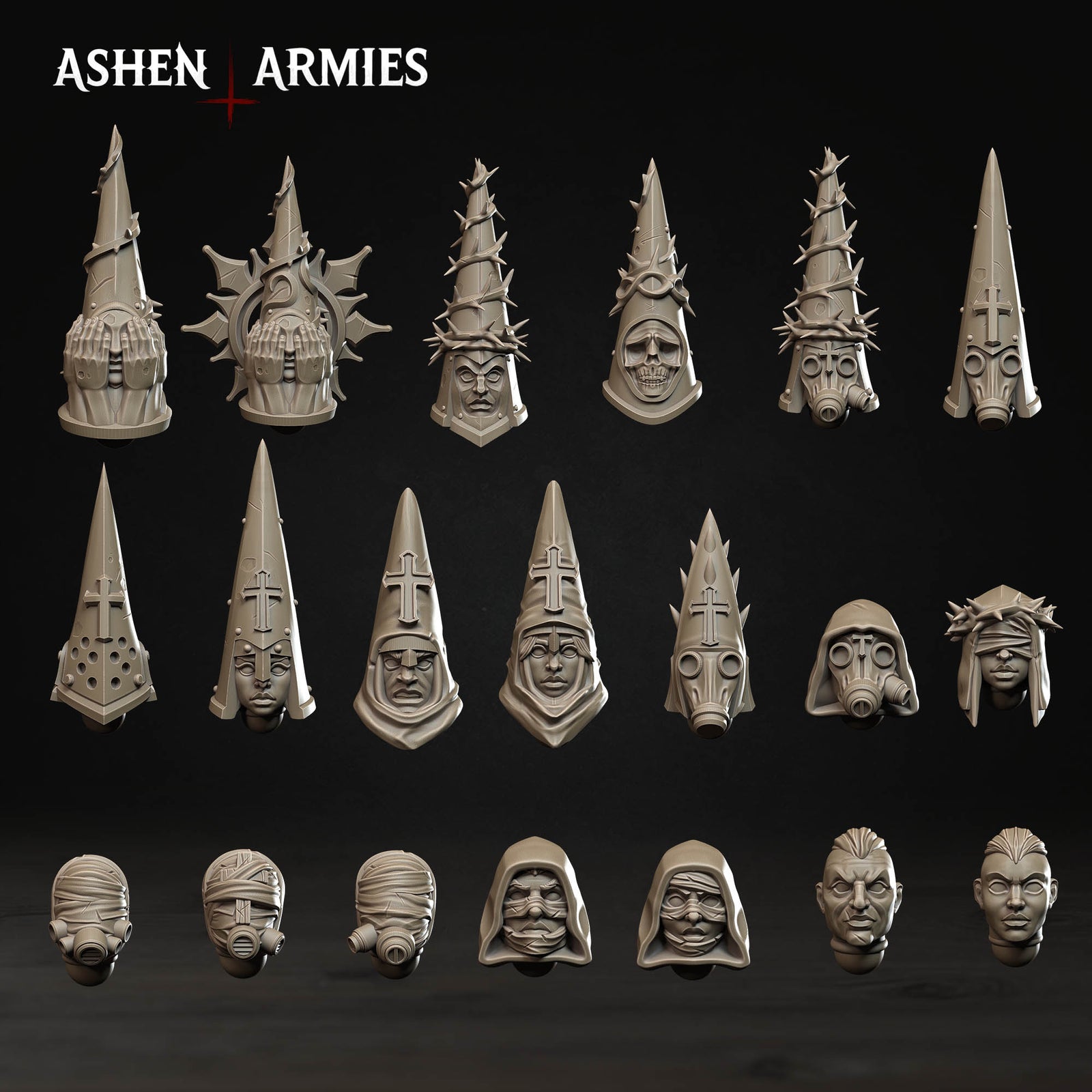 a collection of sixteen distinct fantasy-themed helmets or headpieces, each with unique designs and features, arranged in a grid-like pattern against a dark background.