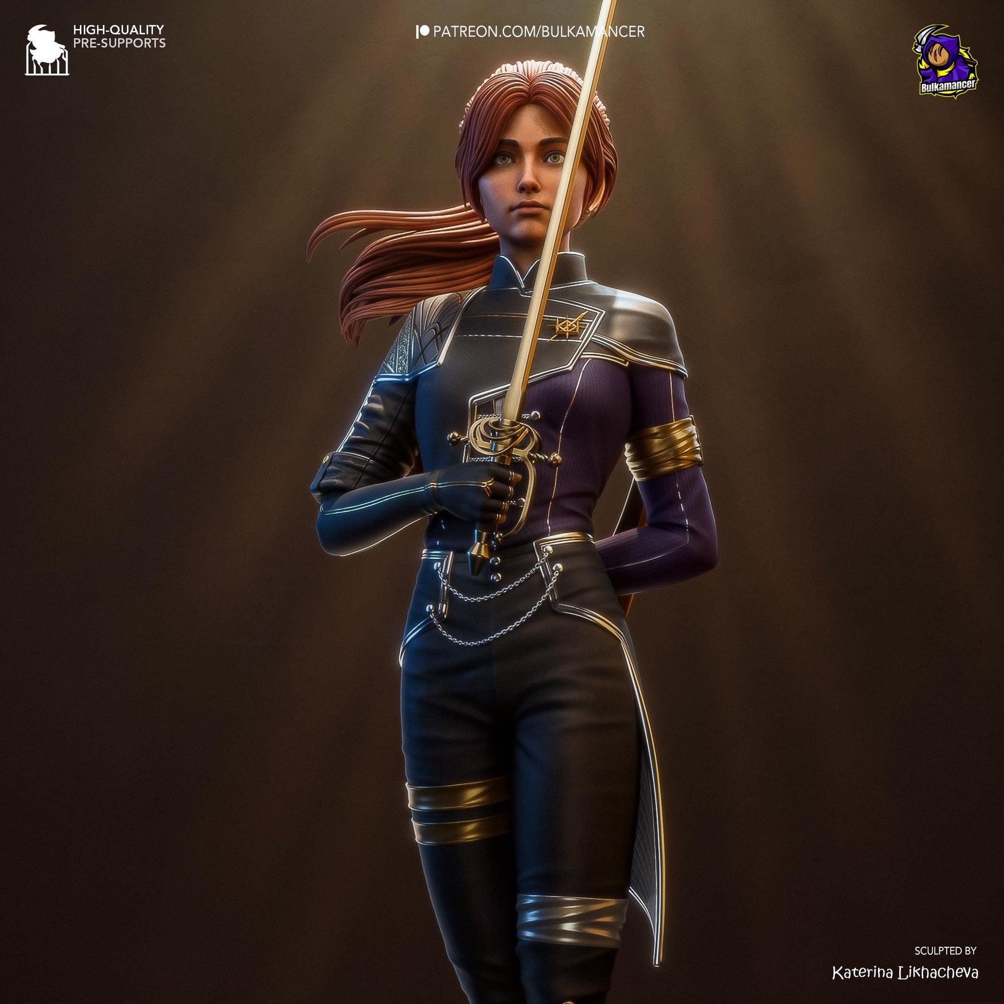 a woman in a uniform holding a sword