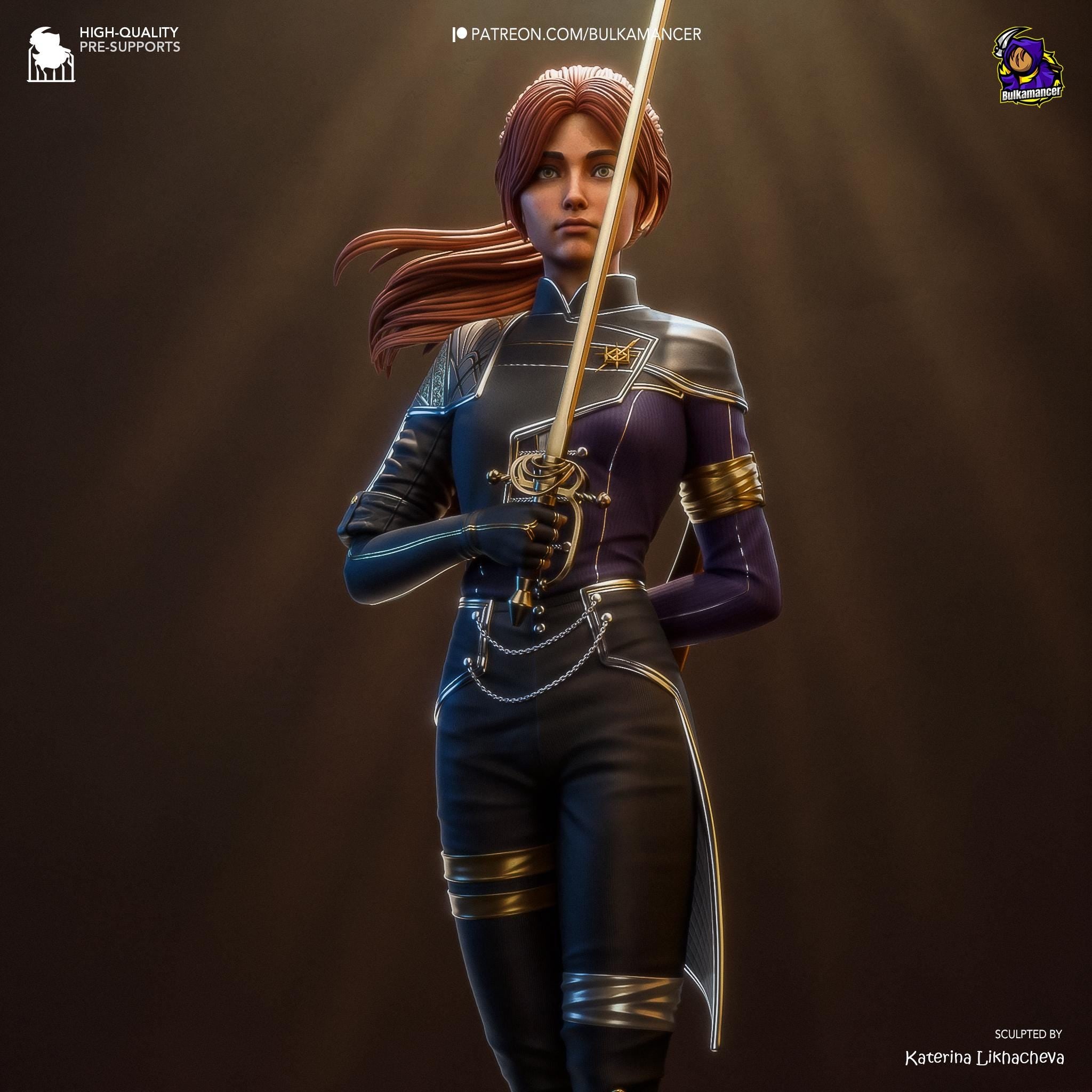 a woman in a uniform holding a sword