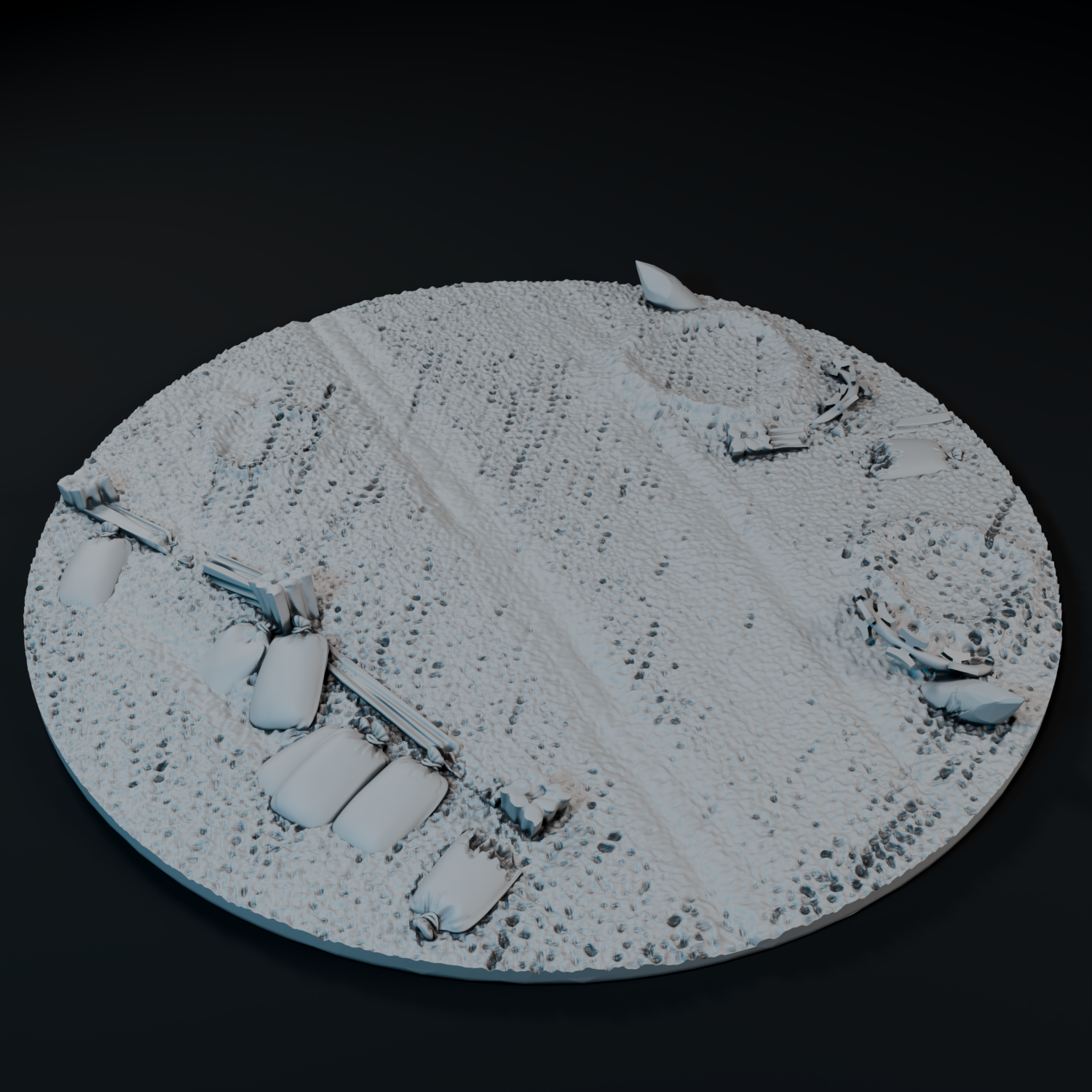 A 3D rendering of a snowy, icy terrain with scattered debris and tracks, including a large circular object in the center.