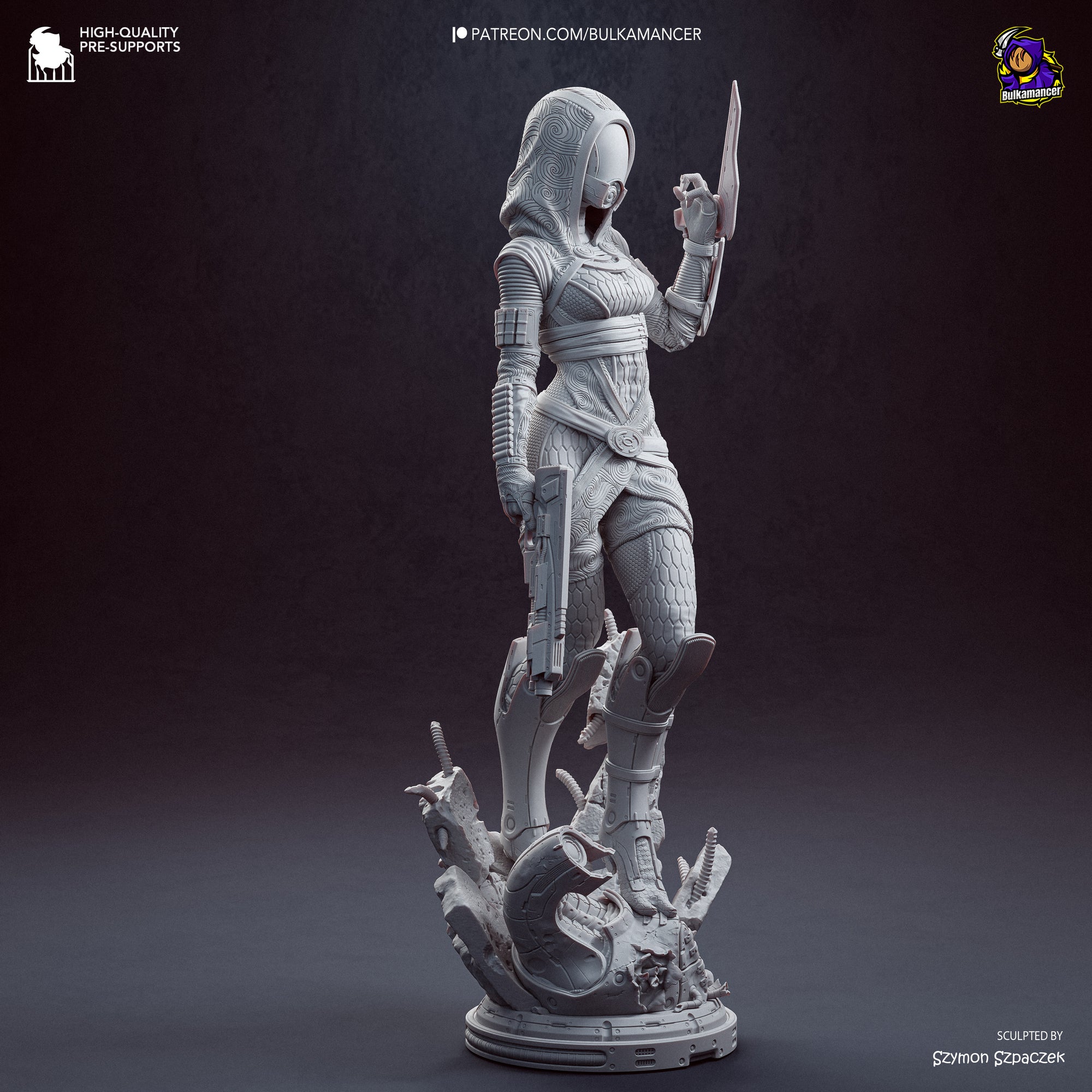 A 3D rendering of a female character with a sword, standing on a platform amidst a chaotic scene.