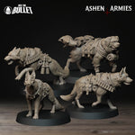 four detailed figurines of dogs, each with unique armor and accessories, displayed on pedestals against a dark background.