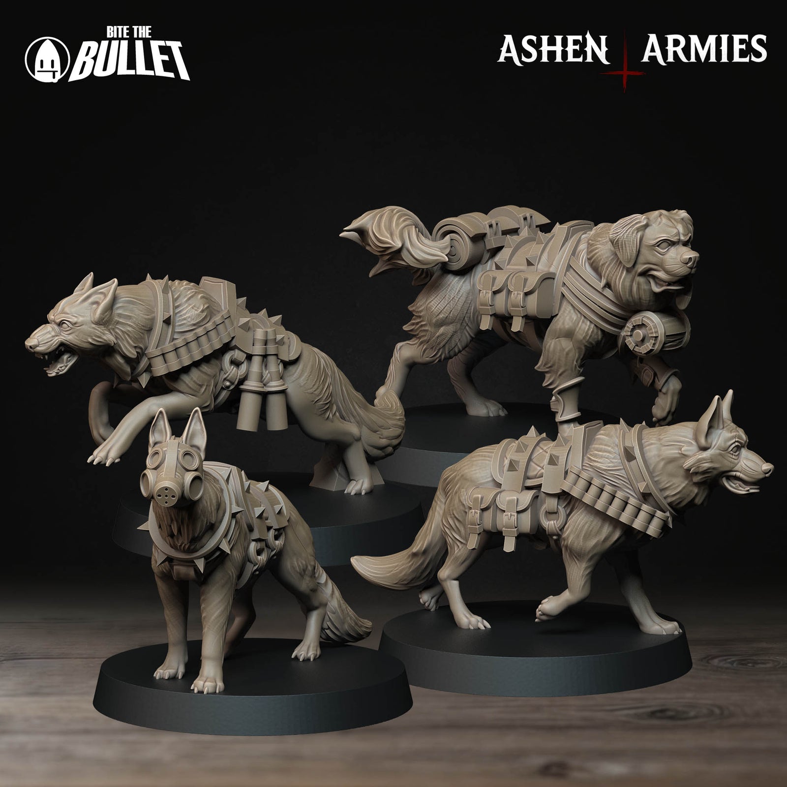 four detailed figurines of dogs, each with unique armor and accessories, displayed on pedestals against a dark background.