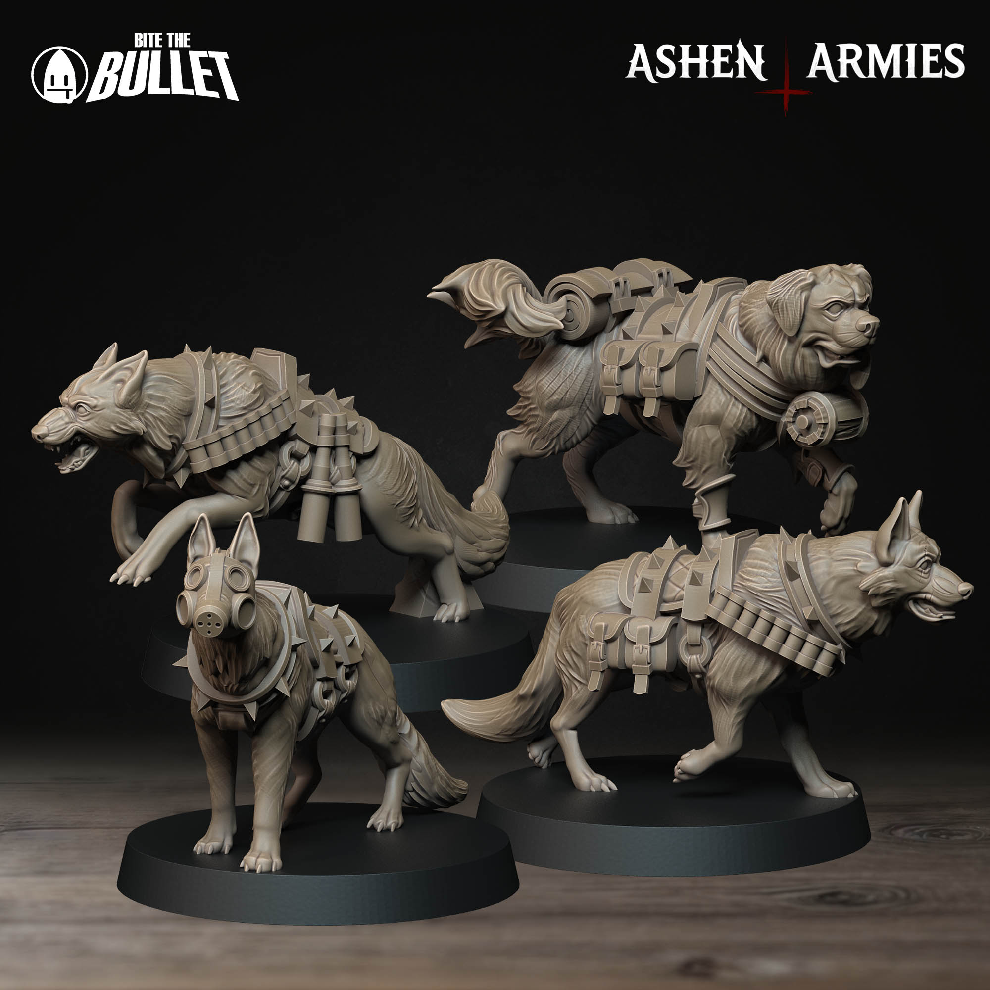 four detailed figurines of dogs, each with unique armor and accessories, displayed on pedestals against a dark background.