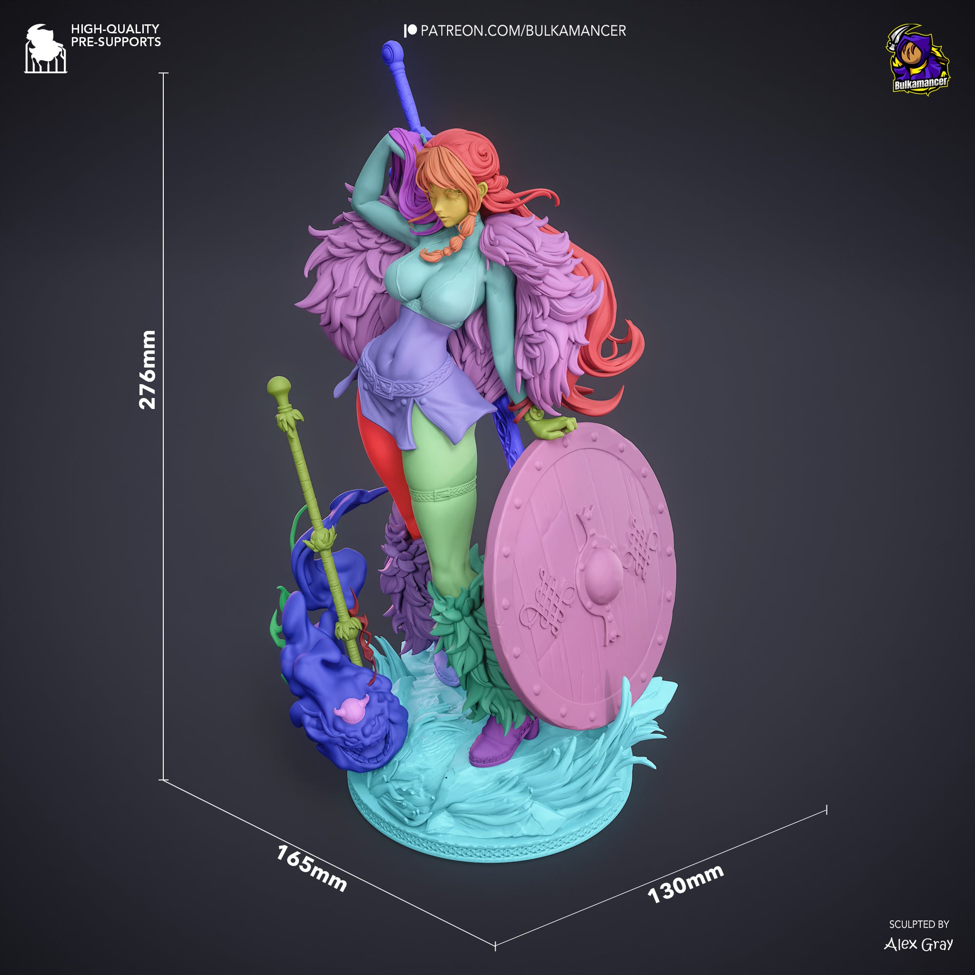 A colorful, 3D-rendered statue of a female character with long hair and a purple outfit, holding a shield and a sword. The statue is set against a dark background, and there are measurements provided for scale.