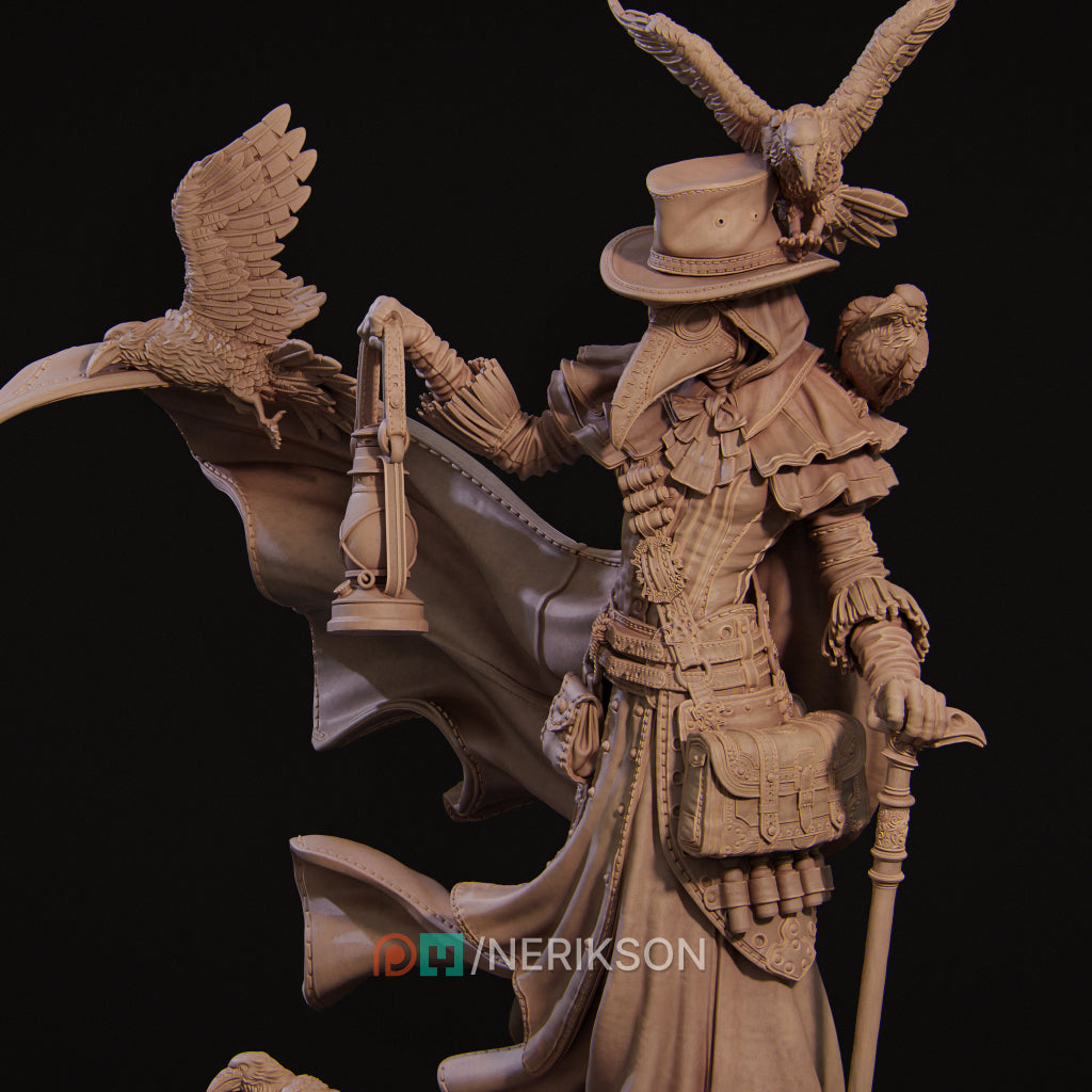 A detailed 3D model of a medieval-style character, possibly a Plague Doctor, with intricate armor, a long cloak, and a bird perched on their shoulder.