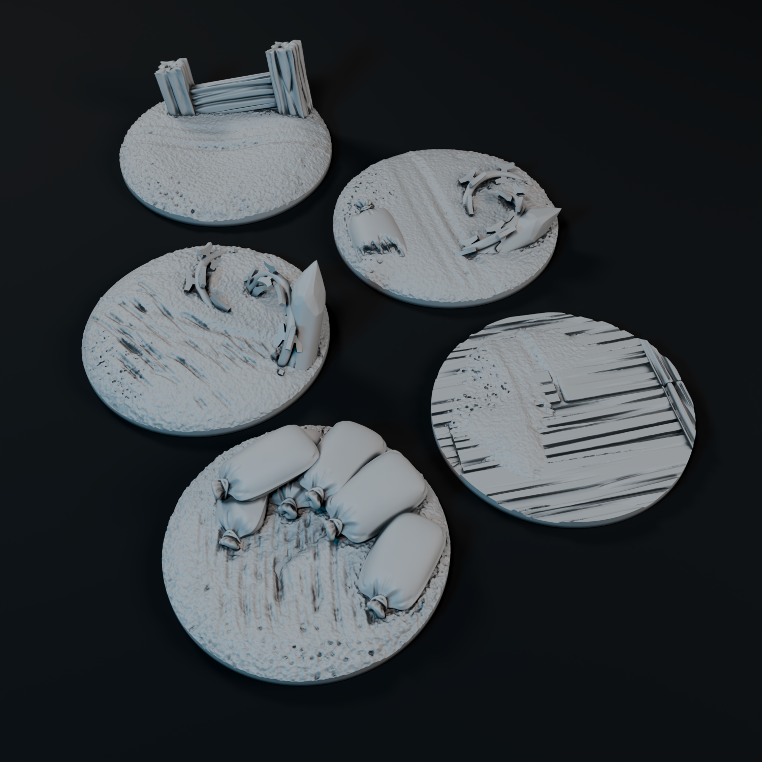 five different circular objects, each with unique textures and patterns, arranged on a dark background.