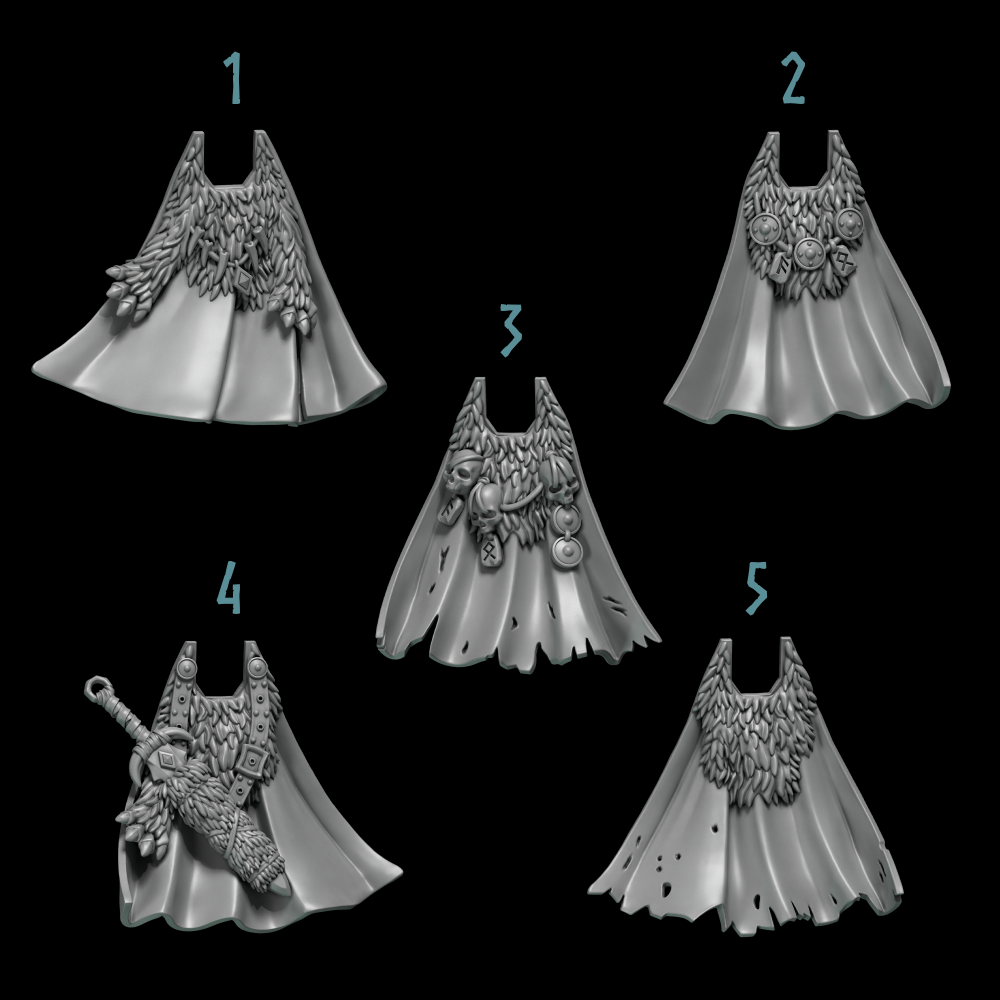 five different designs of winged garments, each with unique features and embellishments.