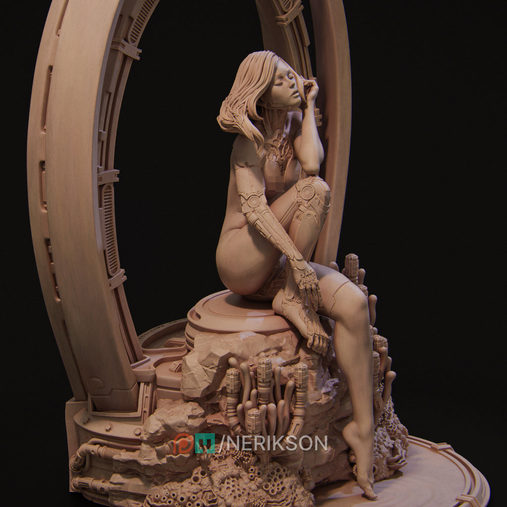 A sculpture depicting a woman sitting on a rock, with a futuristic, metallic structure in the background.
