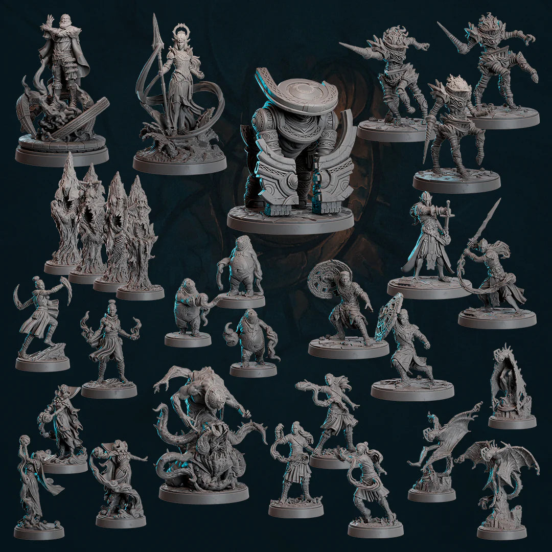 a collection of various figurines and statues, including characters, creatures, and other fantastical elements, all set against a dark background.