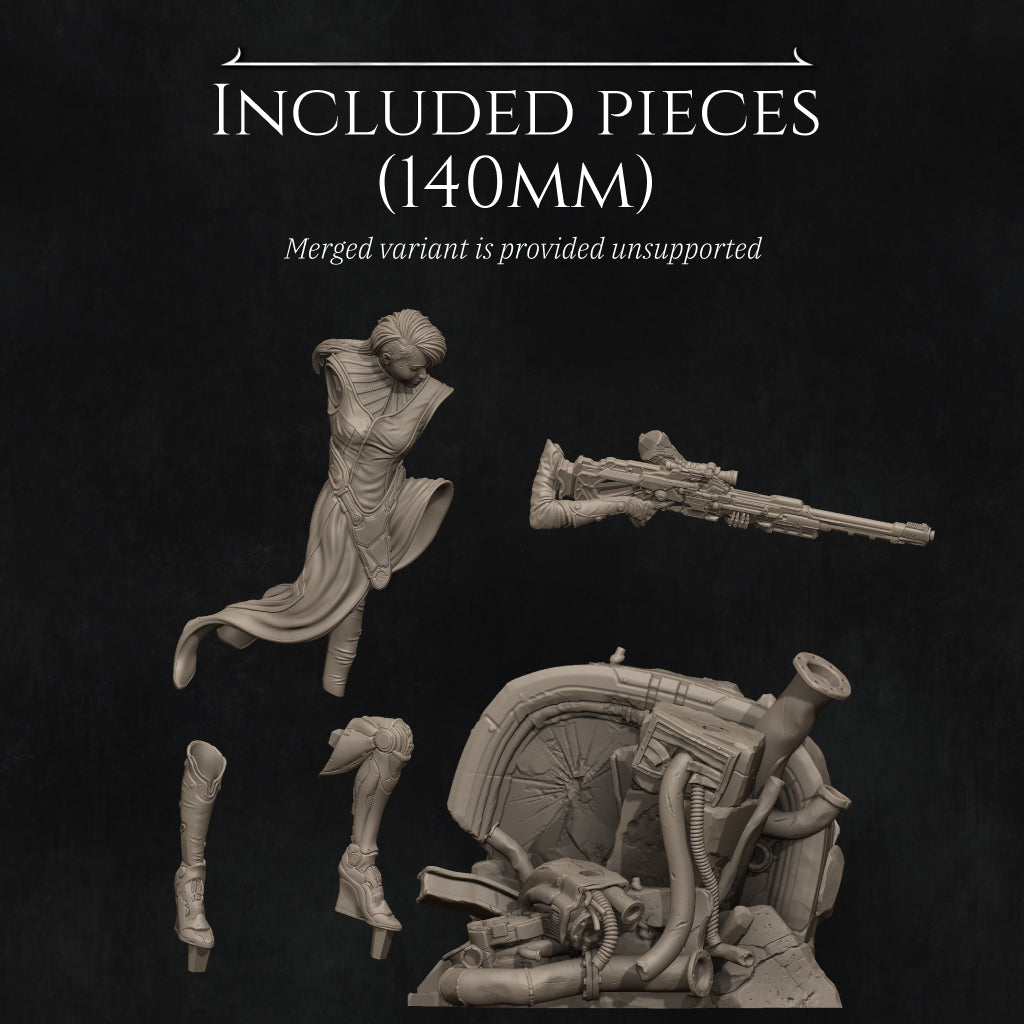 various pieces of a sculpture, including a figure, a gun, and a mechanical device, all set against a dark background.