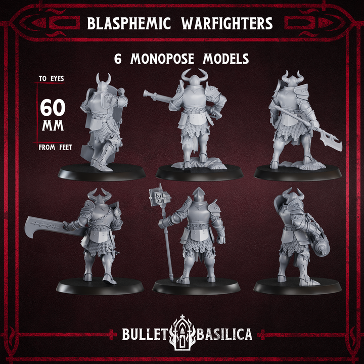 The image is a promotional advertisement for a collection of 60 monopose models of Blasphemic Warfighters, featuring various poses and stances of the characters.