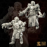 two detailed, heavily armored and armed fantasy characters, likely from a video game or other digital media.