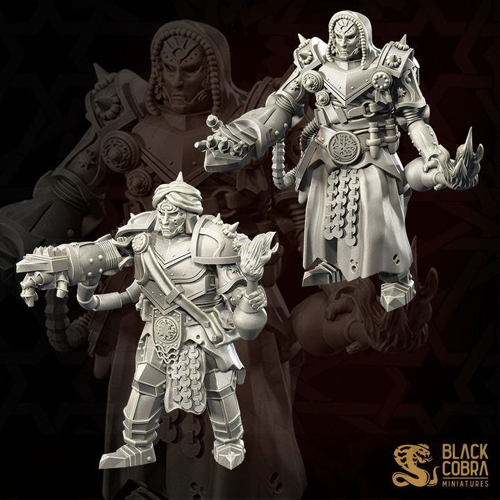 two detailed, heavily armored and armed fantasy characters, likely from a video game or other digital media.