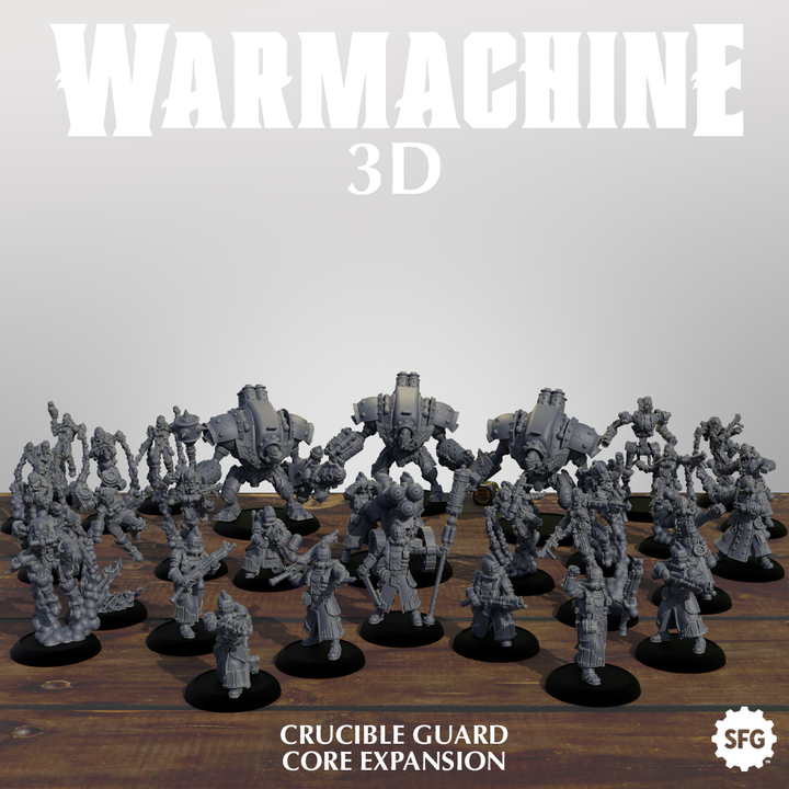 The image is a promotional poster for a video game called "Warmachine 3D". It features a large group of gray, mechanical figures arranged on a wooden surface, with the game's title prominently displayed in white text at the top.