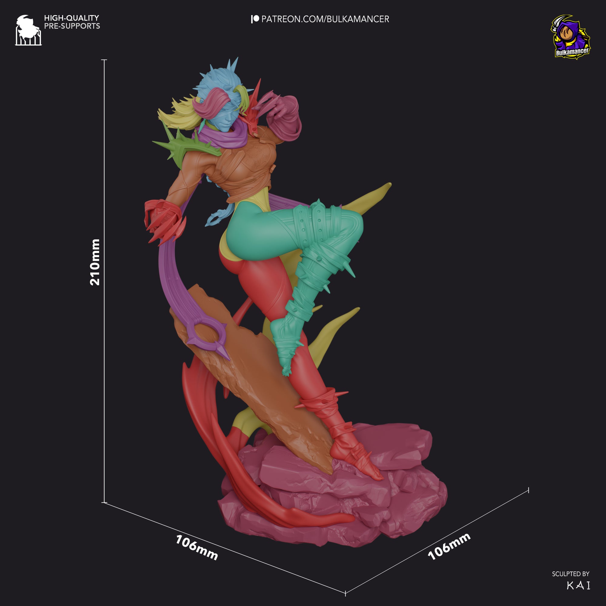 A colorful, 3D-rendered statue of a character with a dynamic pose, standing on a rock formation.