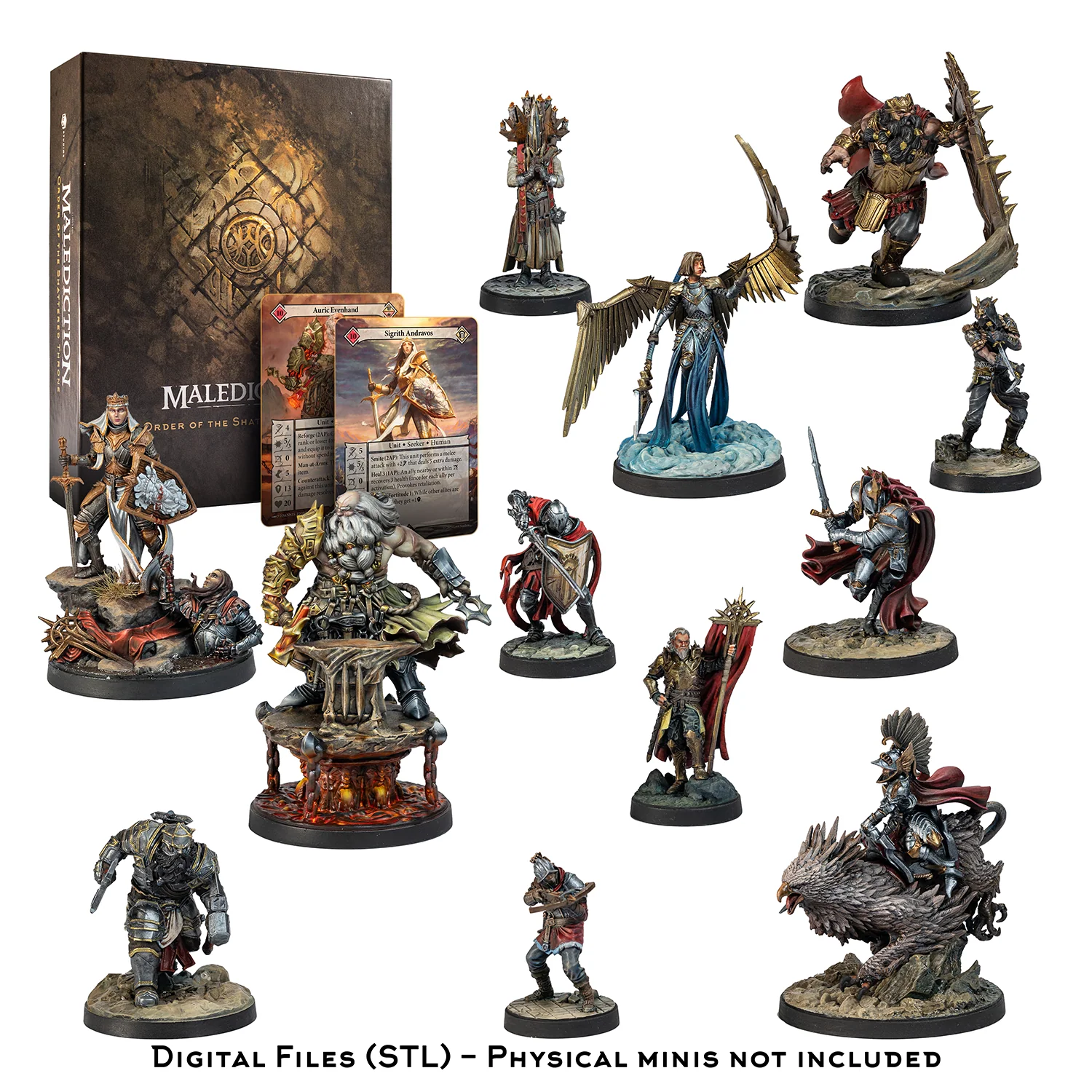 various miniature figures and components related to a tabletop role-playing game, including a box, cards, and figures.