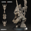 A 3D model of a character from the video game Ashen: Armies, featuring a detailed and intricate design with various weapons and accessories.