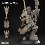 A 3D model of a character from the video game Ashen: Armies, featuring a detailed and intricate design with various weapons and accessories.