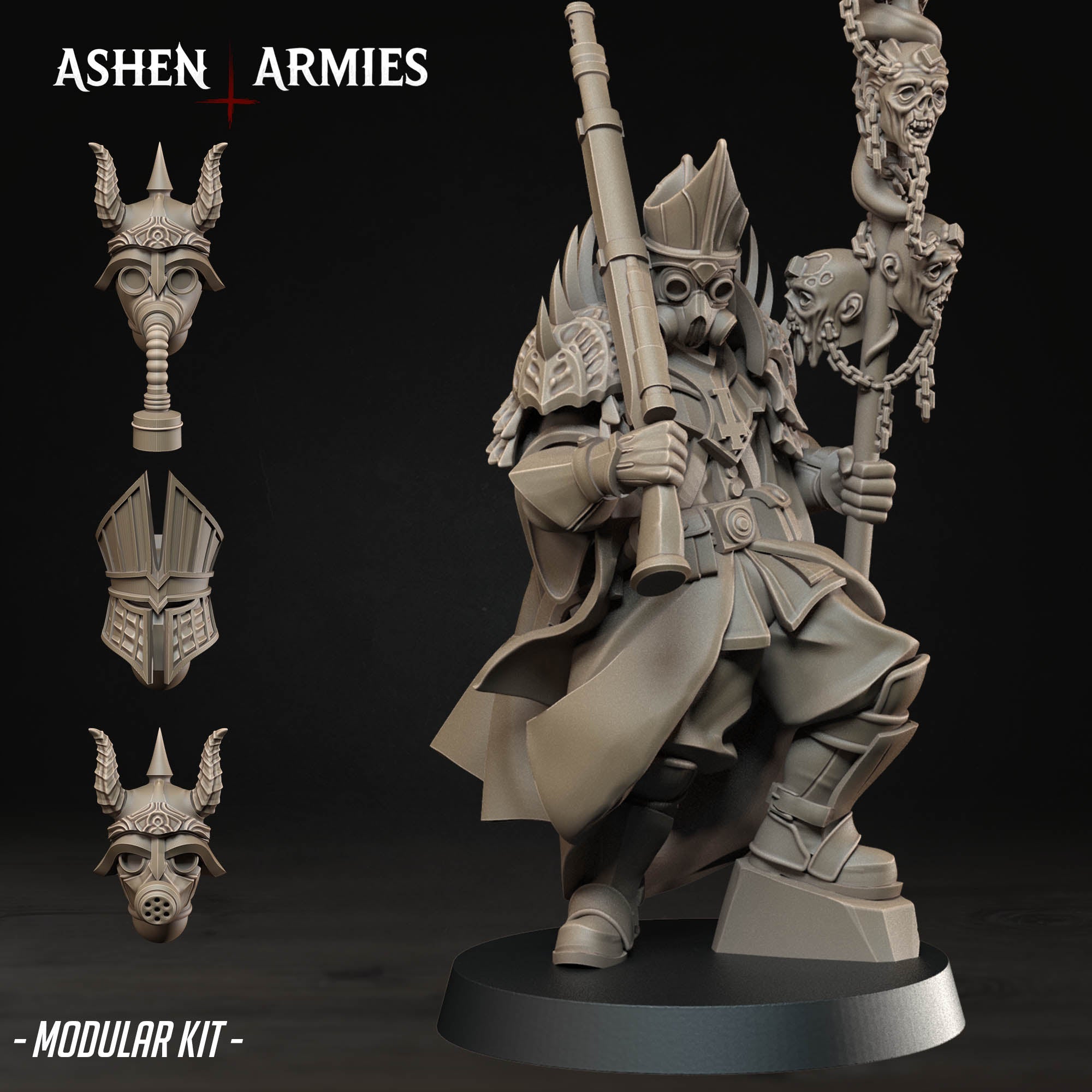 A 3D model of a character from the video game Ashen: Armies, featuring a detailed and intricate design with various weapons and accessories.