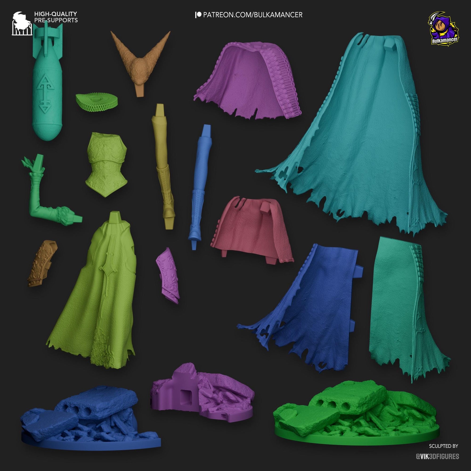 a bunch of different colored plastic items on a black background