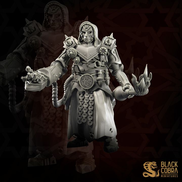 A detailed 3D model of a futuristic warrior figure, with intricate armor and weapons, set against a dark background.