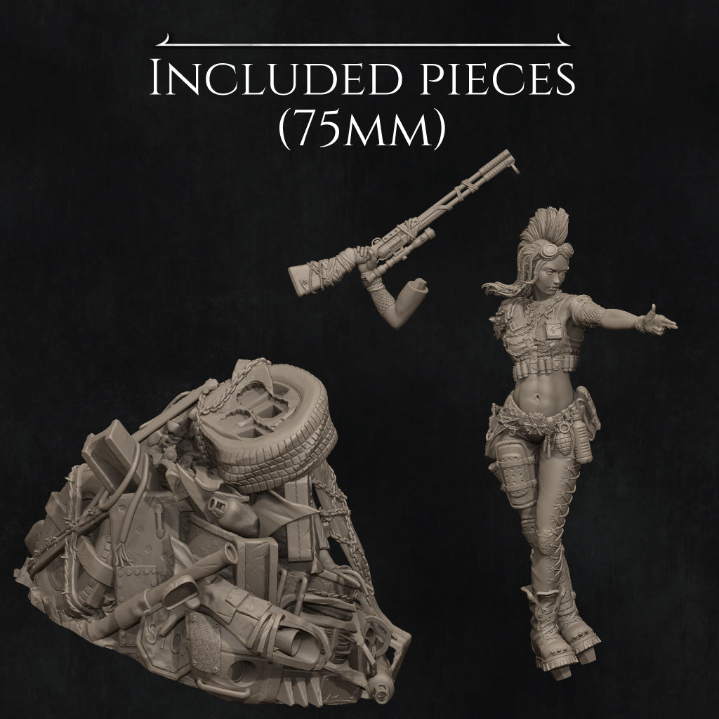 a pile of various objects, including a figure of a woman, a gun, and other items, all depicted in a black and white style.