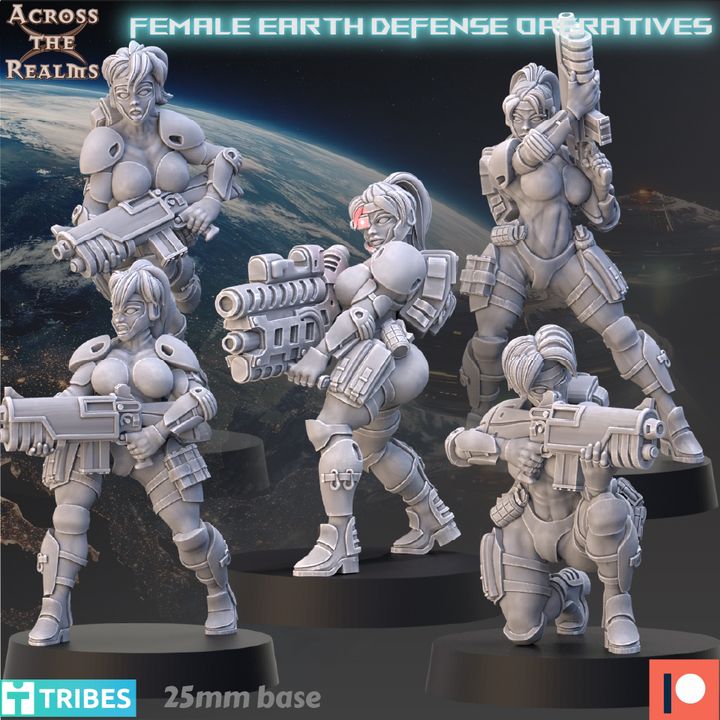 The image is a collage of five female action figures from the video game "Tribes: Female Earth Defense Operatives". The figures are depicted in various poses, each holding different weapons, such as guns and missiles. The image is set against a backdrop of a planet, emphasizing the futuristic and action-packed nature of the game.