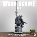 A 3D model of a warrior figure holding a sword and standing on a pedestal, with a dice and a shield in the foreground.