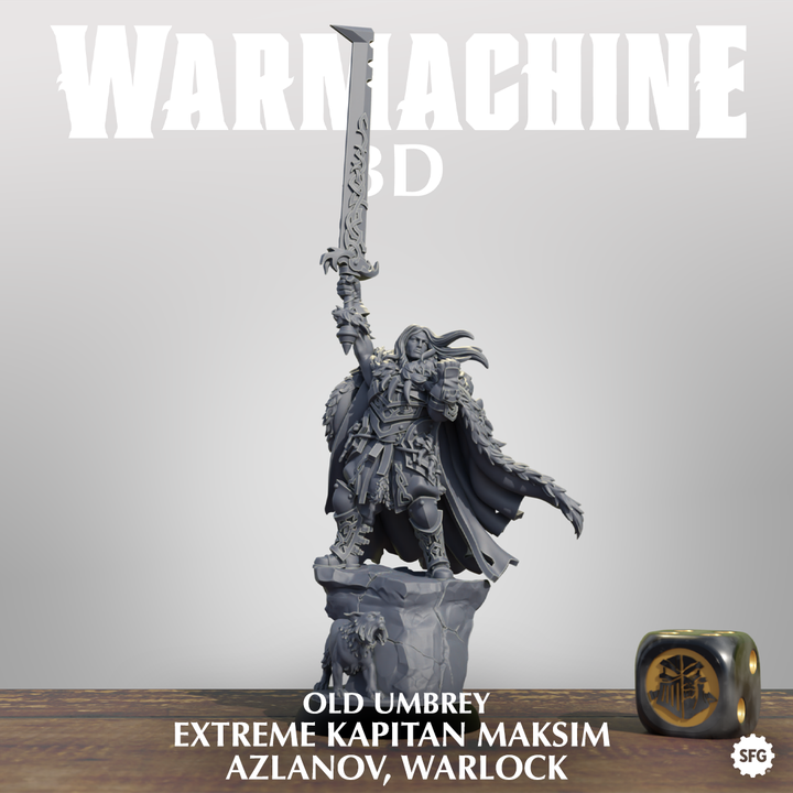 A 3D model of a warrior figure holding a sword and standing on a pedestal, with a dice and a shield in the foreground.