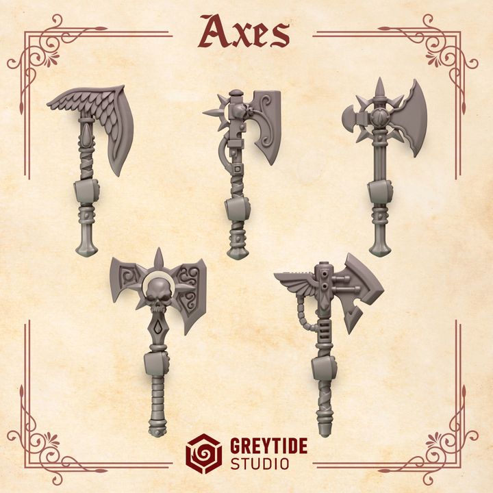 five different types of axes, each with unique designs and features, displayed against a beige background with decorative borders.