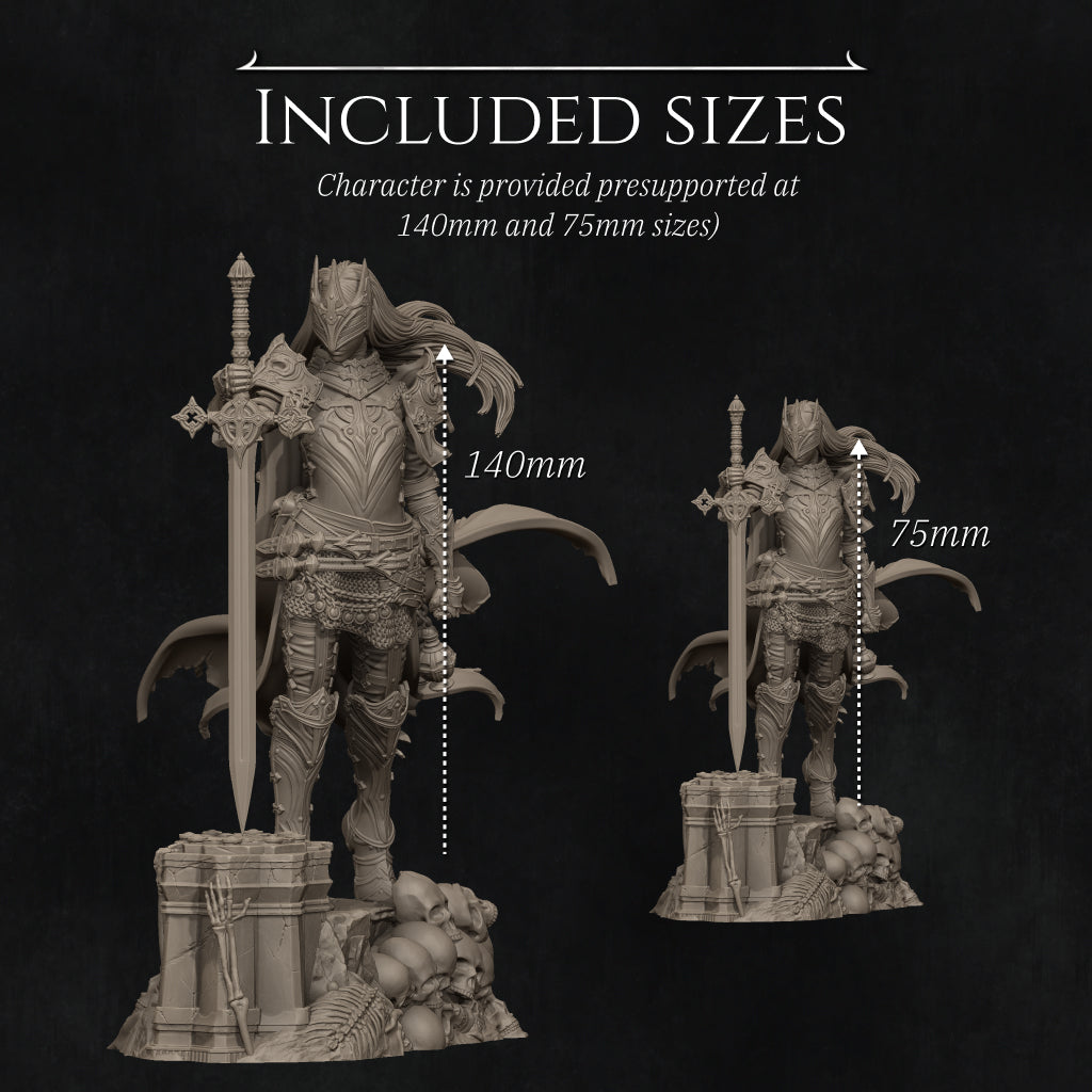 two detailed sculptures of a knight in armor, each with a sword and a shield. The sculptures are provided in different sizes, ranging from 140mm to 75mm, to accommodate various preferences and needs.