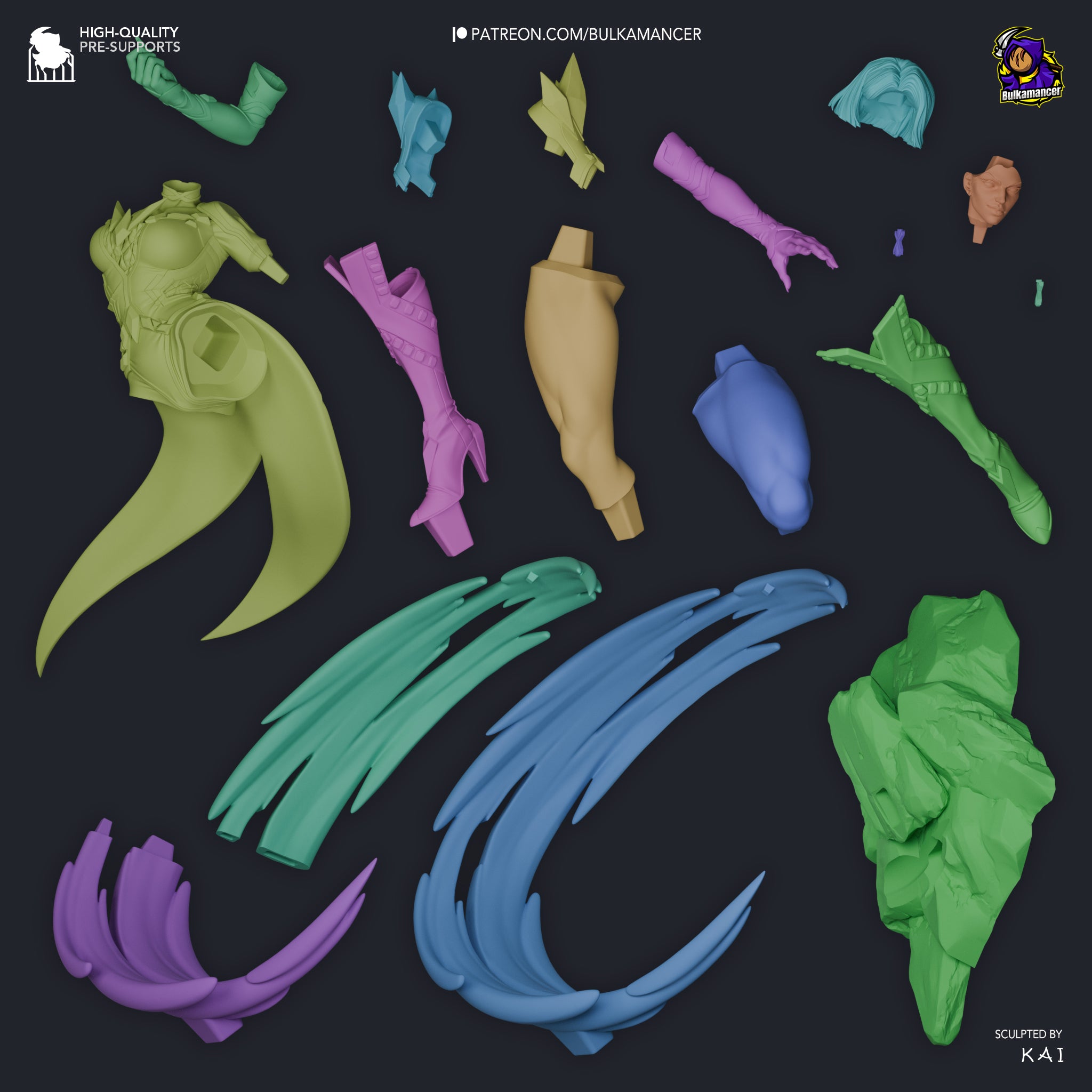 various colorful 3D models of different objects, including a figure, a wing, and a tail, as well as other abstract shapes and textures.