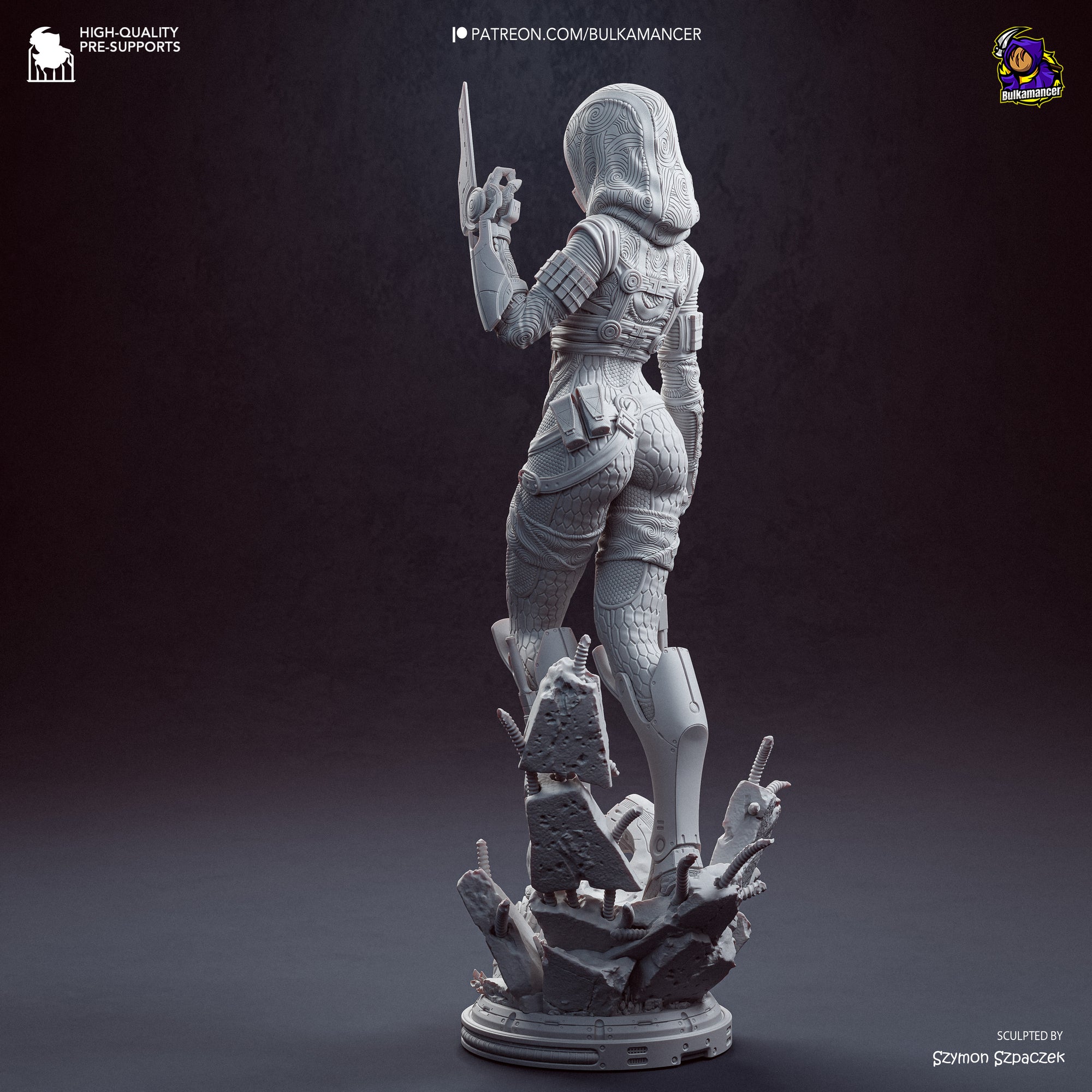 A 3D rendering of a female character in a futuristic, space-themed outfit, holding a weapon and standing on a platform amidst debris.
