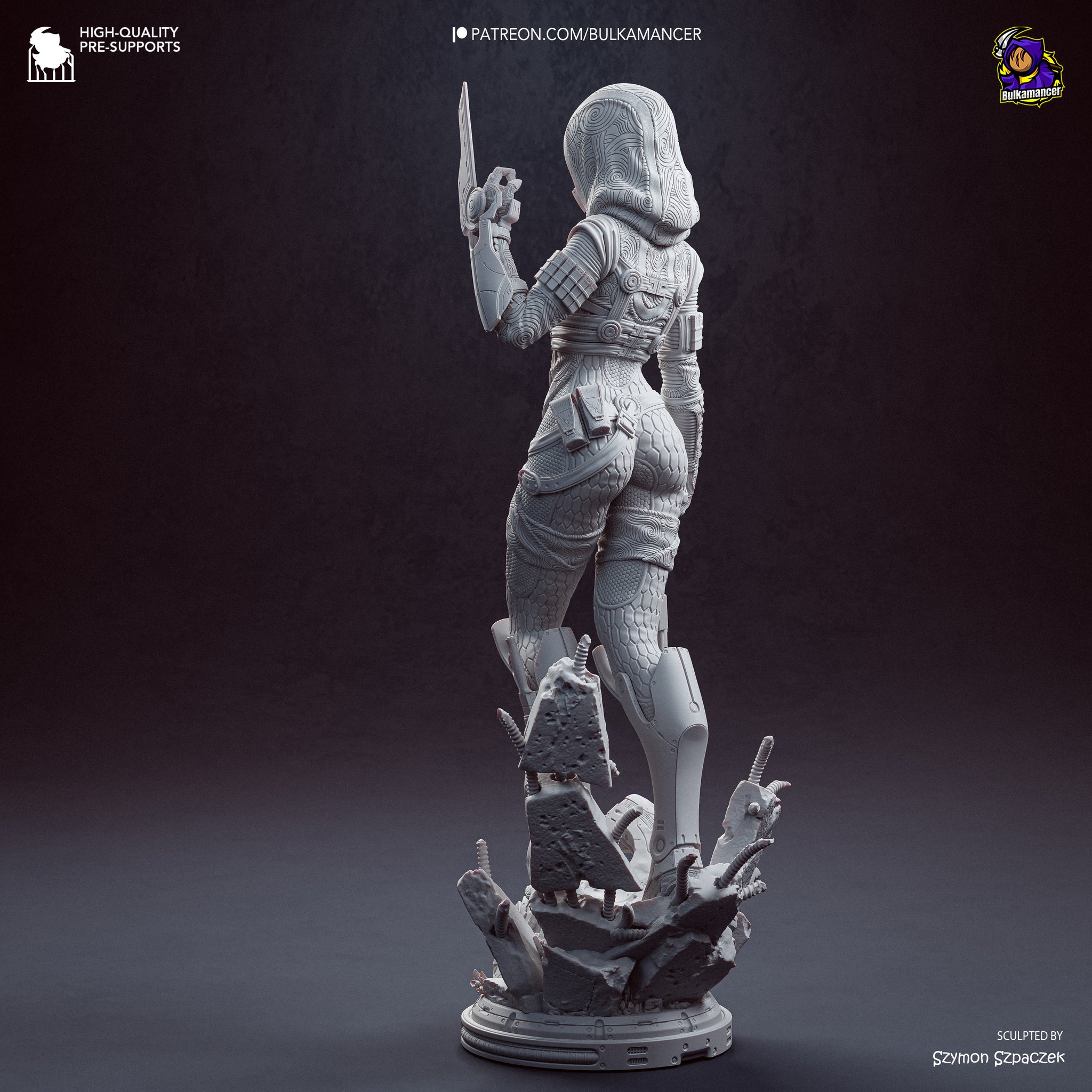 A 3D rendering of a female character in a futuristic, space-themed outfit, holding a weapon and standing on a platform amidst debris.
