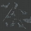 various weapons and armor pieces, including swords, spears, and shields, arranged in a grid-like pattern against a dark background.