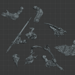 various weapons and armor pieces, including swords, spears, and shields, arranged in a grid-like pattern against a dark background.