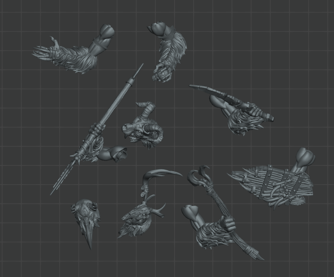 various weapons and armor pieces, including swords, spears, and shields, arranged in a grid-like pattern against a dark background.