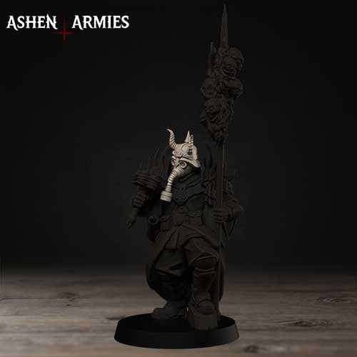 A dark, moody figure holding a spear and wearing a mask stands in a dark setting.