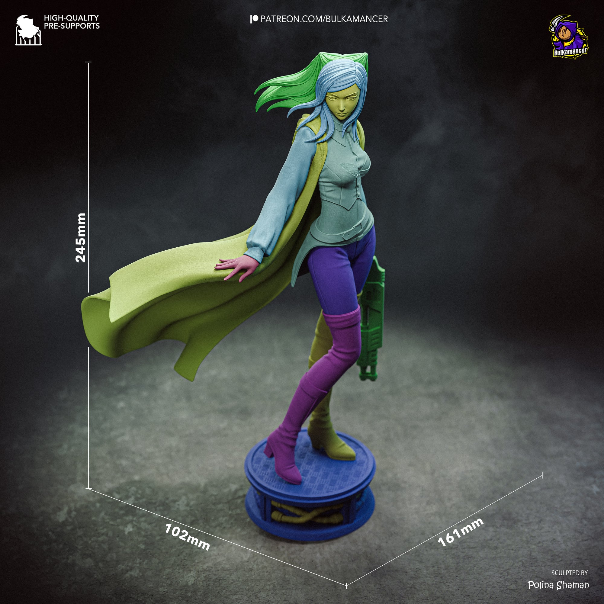 A colorful statue of a woman with long hair and a flowing cape, standing on a platform.