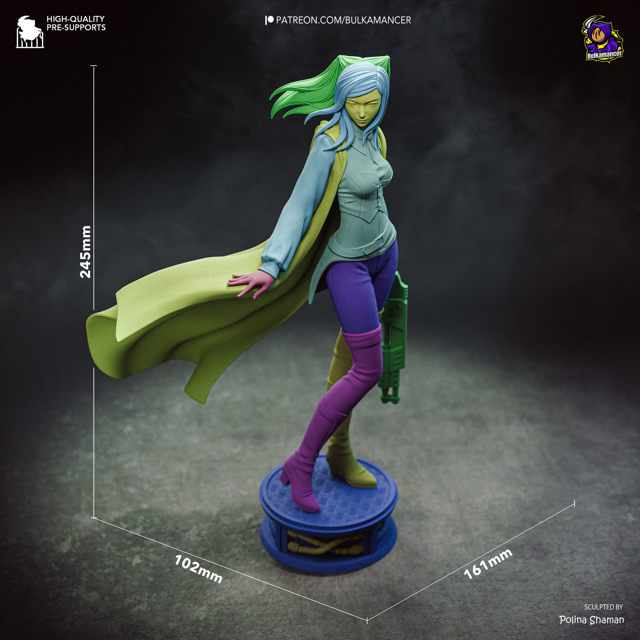 A colorful statue of a woman with long hair and a flowing cape, standing on a platform.