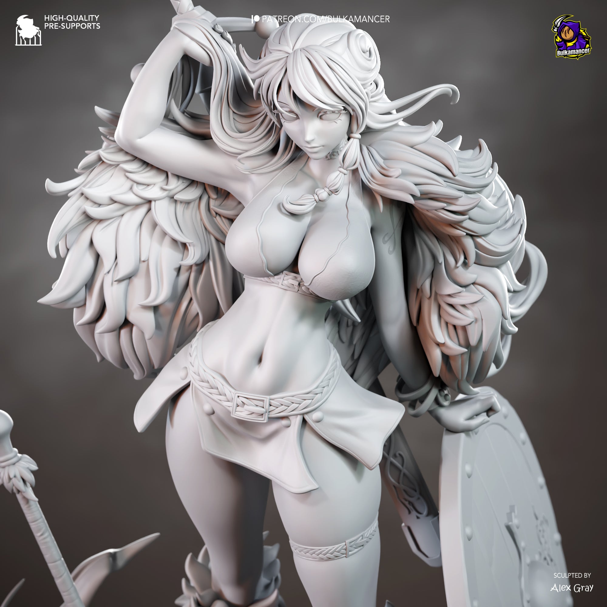 A detailed 3D rendering of a female character with long hair, wearing a skirt and holding a sword.