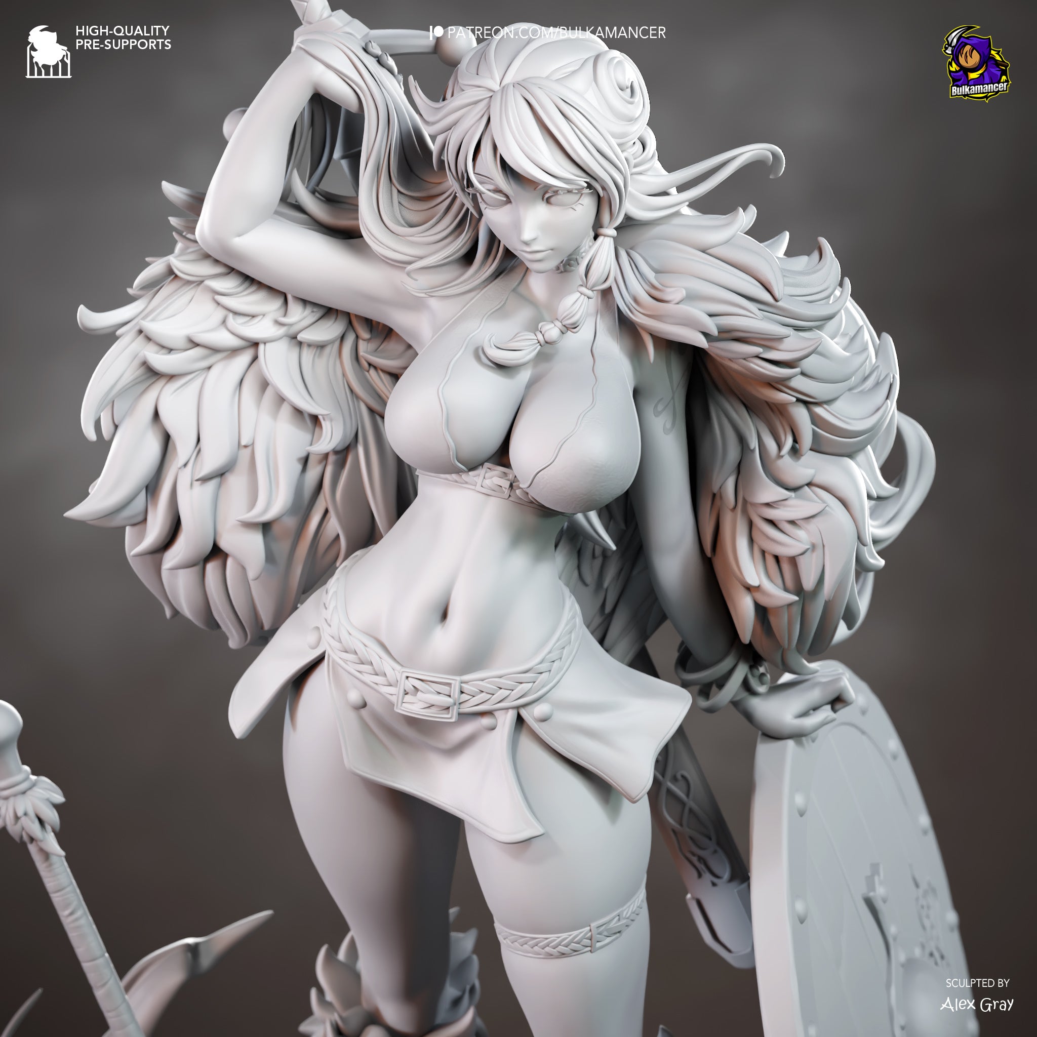 A detailed 3D rendering of a female character with long hair, wearing a skirt and holding a sword.