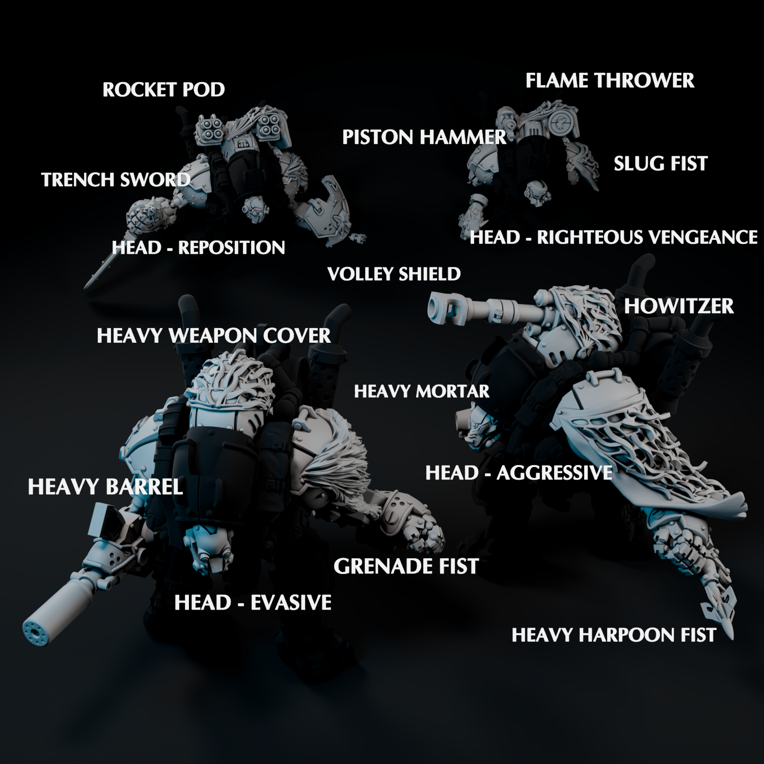 various weapons and armor pieces, including a rocket pod, piston hammer, trench sword, head-repositioning, volleyley shield, heavy weapon cover, heavy mortar, head-aggressive, heavy harpoon fist, and heavy barrel.