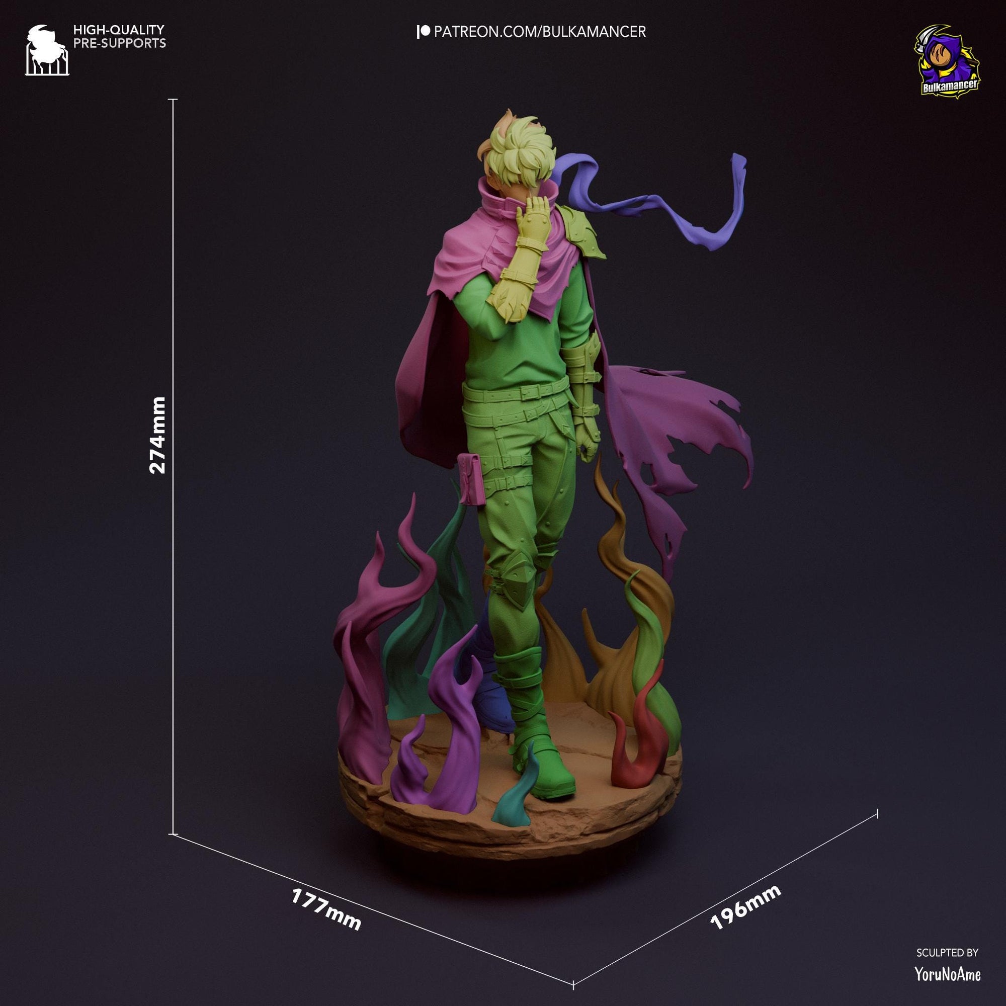 a figurine of a man in a green suit with a purple cape and