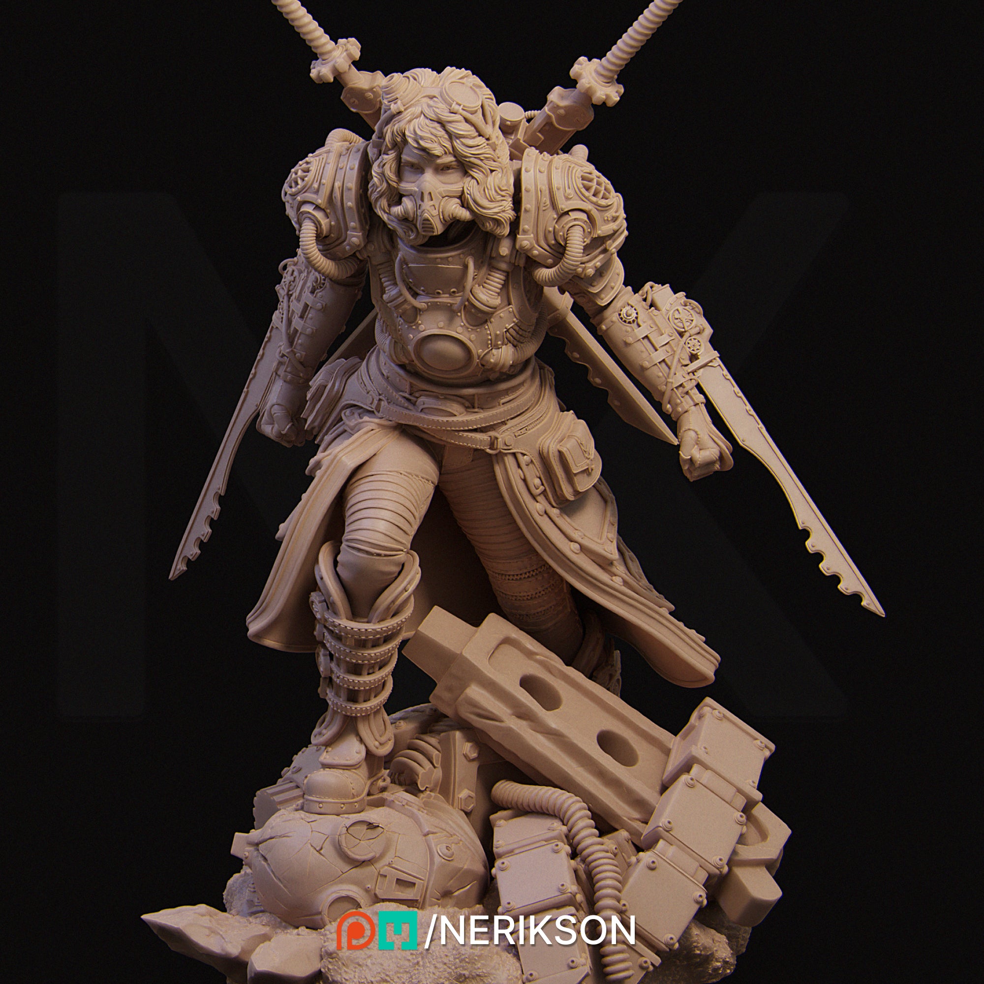 A detailed 3D model of a futuristic warrior figure, with intricate armor and weapons, standing on a pile of rubble.