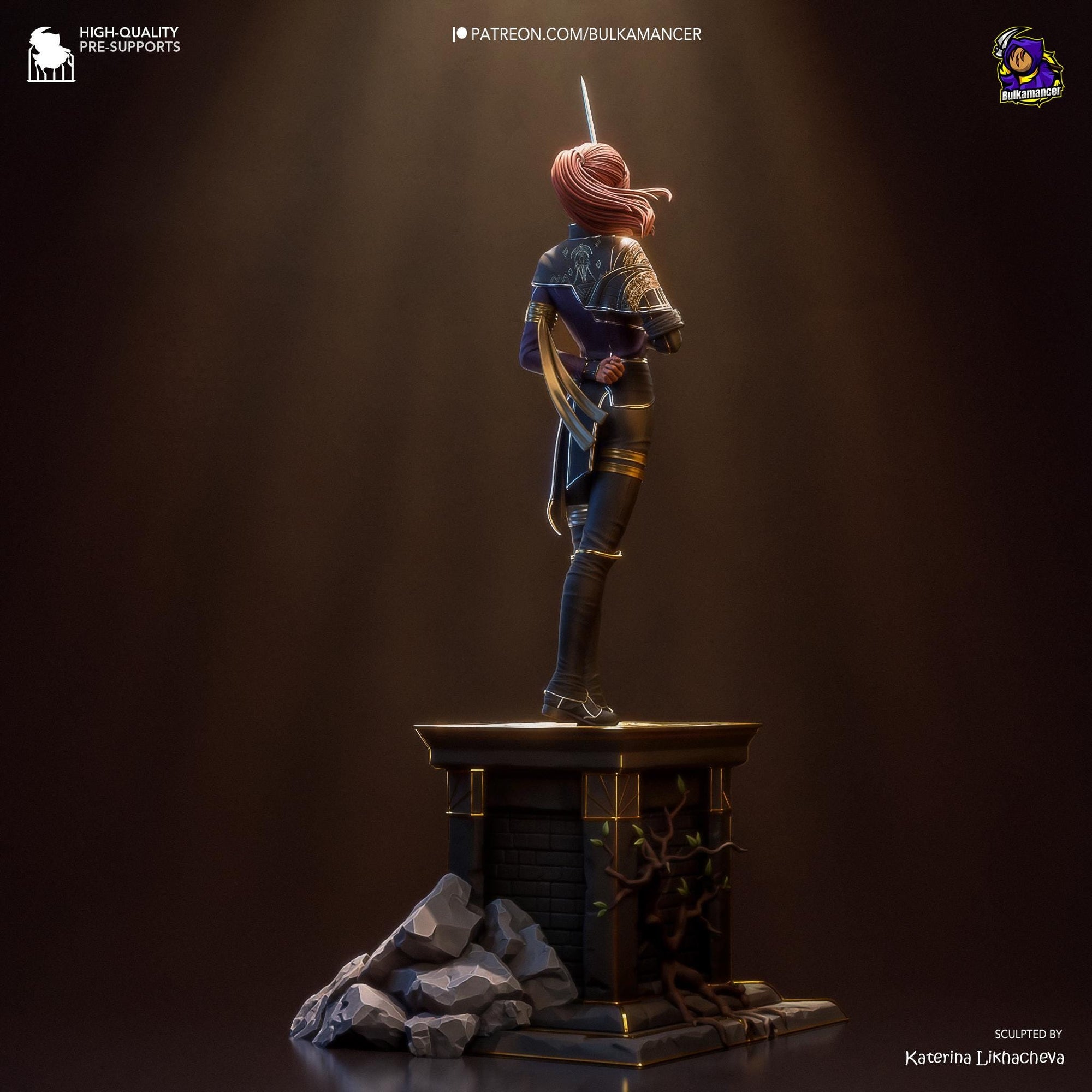 a statue of a woman holding a sword on top of a table