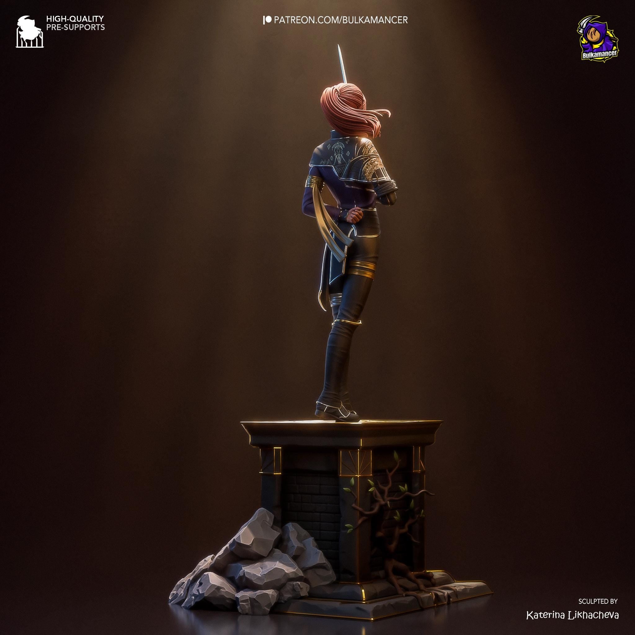 a statue of a woman holding a sword on top of a table